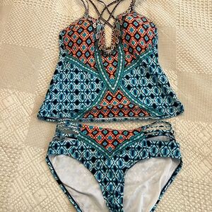 Kenneth Cole Blue Teal Orange Geometric Tankini Set Large/12